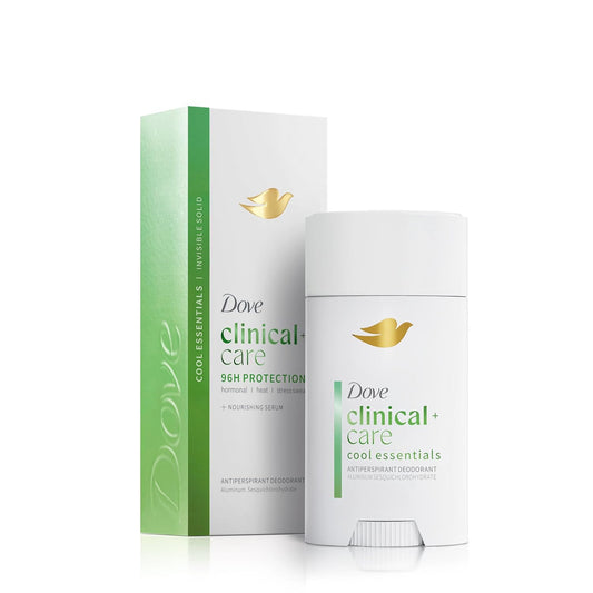 White deodorant stick with green stripe and gold dove logo, Dove clinical care antiperspirant
