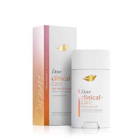 Dove Clinical Care Fresh Peach antiperspirant deodorant solid stick in white container with box