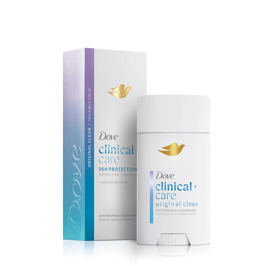 Dove Clinical+ Care original clean antiperspirant deodorant stick with retail carton