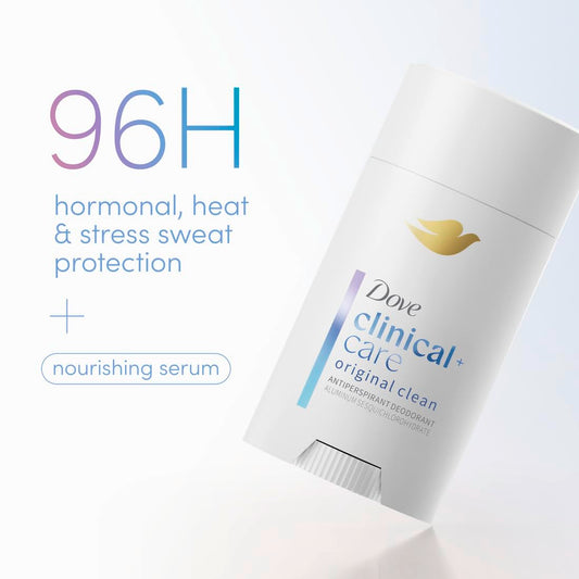Dove Clinical+ Care antiperspirant stick showing 96H protection and nourishing serum