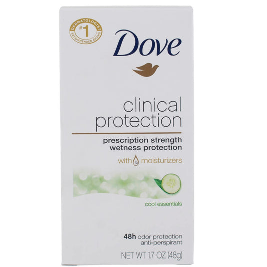 Dove Clinical Protection anti-perspirant deodorant solid box with Cool Essentials label