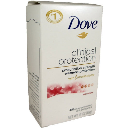 Clinical antiperspirant deodorant box, white with Dove logo and gold accents