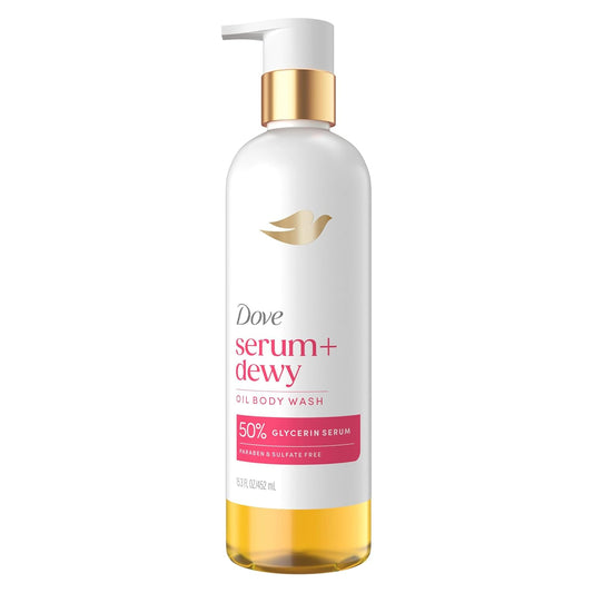 Oil body wash bottle with gold pump; white bottle with pink label and gold base