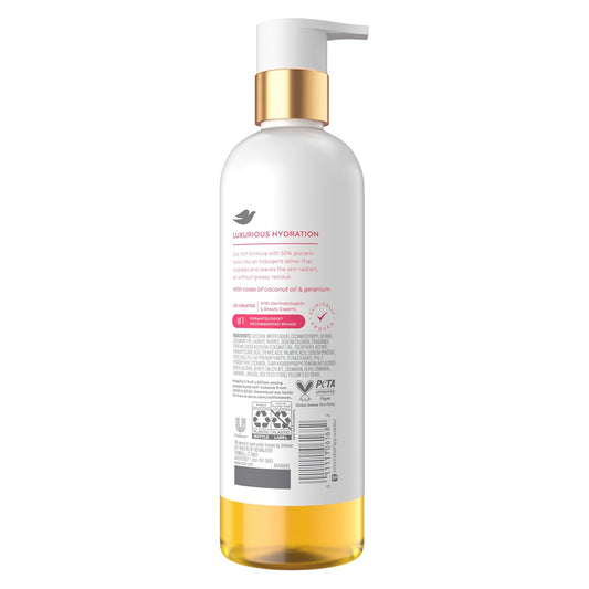 Oil body wash bottle with gold pump; white back label with small ingredient text and gold base