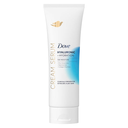 Hyaluronic hydration cream serum tube with blue moisture label, white container
