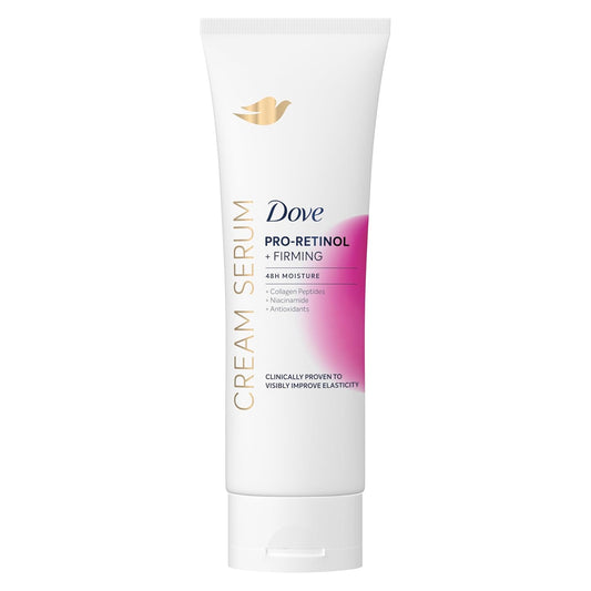 Dove pro-retinol firming cream serum tube, white with pink gradient label