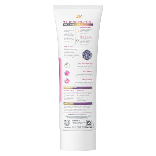 Dove pro-retinol cream serum lotion tube back label, white with small text