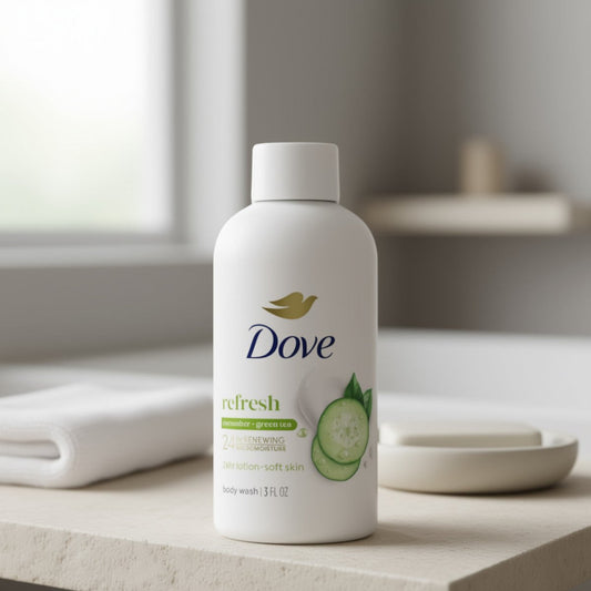 Dove body wash bottle, white with Dove logo and green tea cucumber refresh label