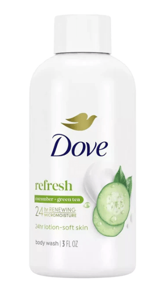 Dove refresh body wash bottle, white with green tea cucumber graphics on front