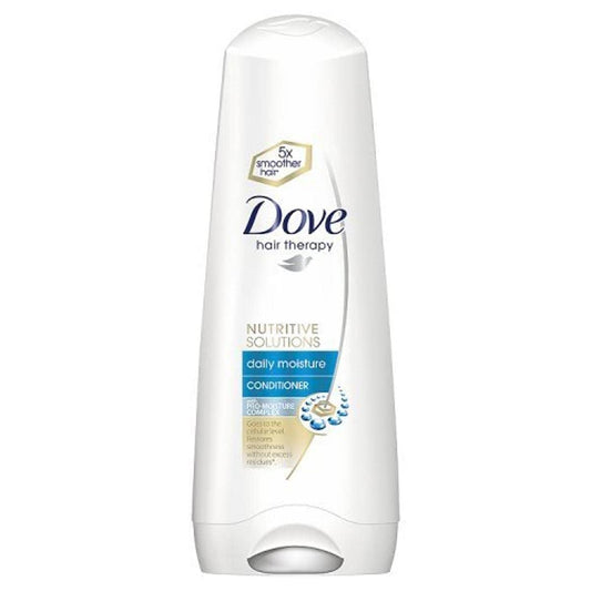 Dove daily moisture conditioner bottle with blue front label and drop icon