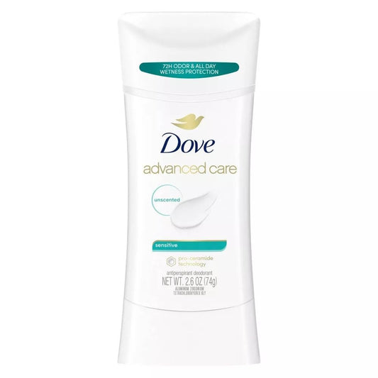 Dove Advanced Care deodorant stick for sensitive skin, unscented formula on white base