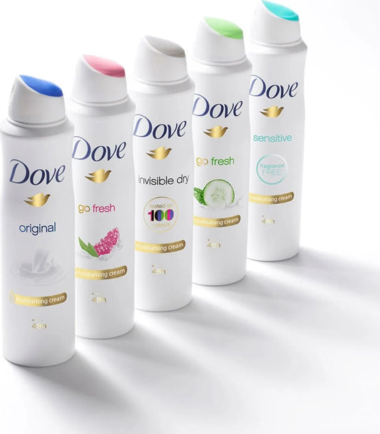 Dove deodorant 4-pack: white bottles with blue, pink, green, and gray caps