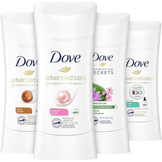 Stacked Dove deodorant sticks set with advanced care labels and floral graphic