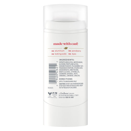 Back label ingredients panel on white Dove aluminum-free deodorant stick