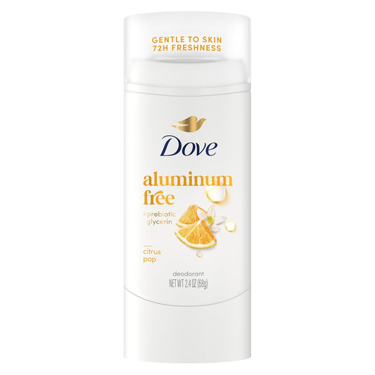Dove aluminum-free deodorant stick with citrus pop, white container