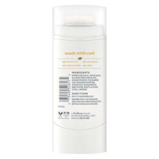 Dove aluminum-free deodorant stick back with ingredient and direction text