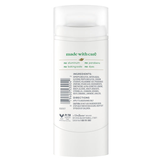 Aluminum-free deodorant stick back label with ingredients and directions text on white