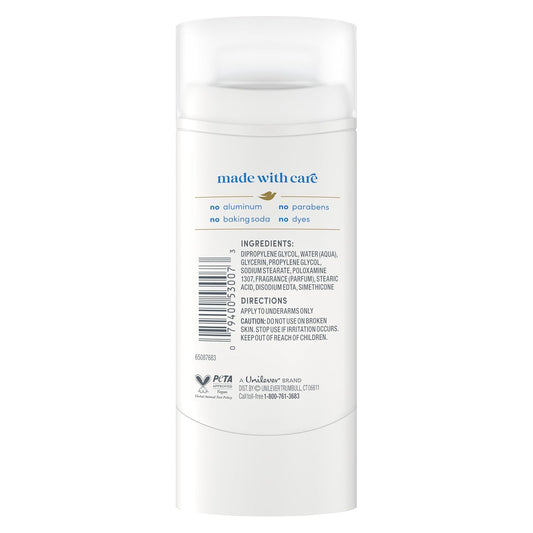 Dove aluminum-free deodorant stick back label with ingredients and directions, white