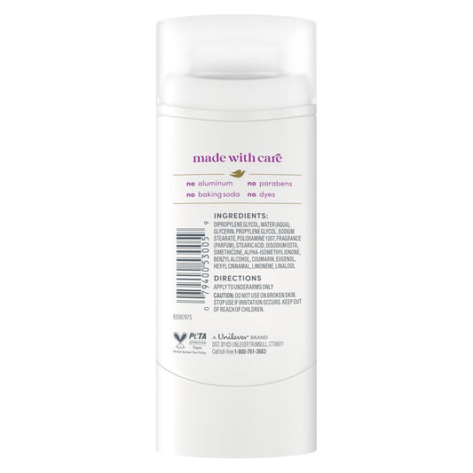Dove aluminum-free deodorant stick back label with ingredients and directions.