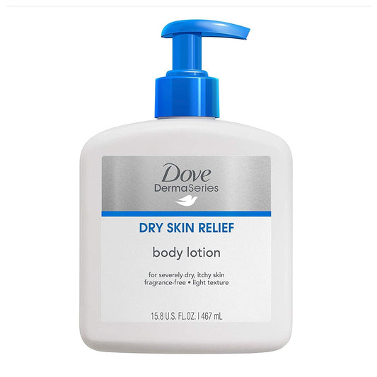 Body lotion bottle with blue pump; white bottle for dry skin relief
