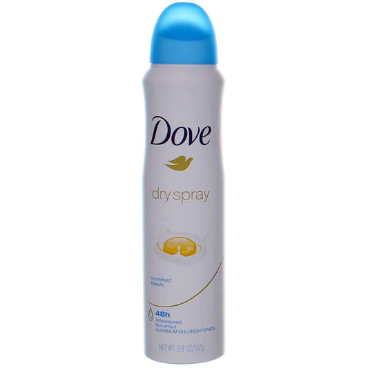 Dove dry spray antiperspirant can with blue cap and gray body