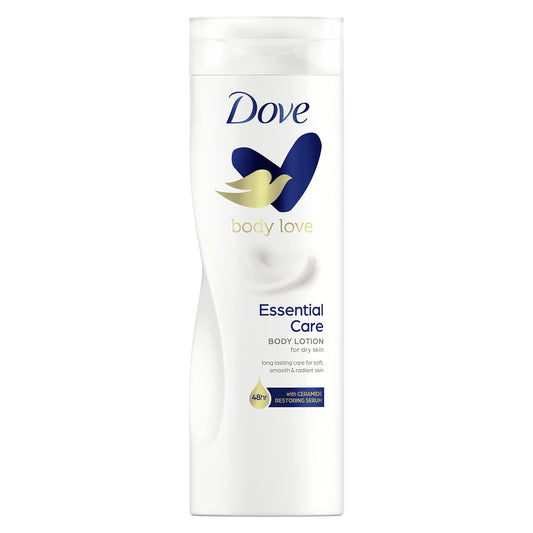 Dove Essential Care body lotion bottle, white with blue Dove and gold leaf