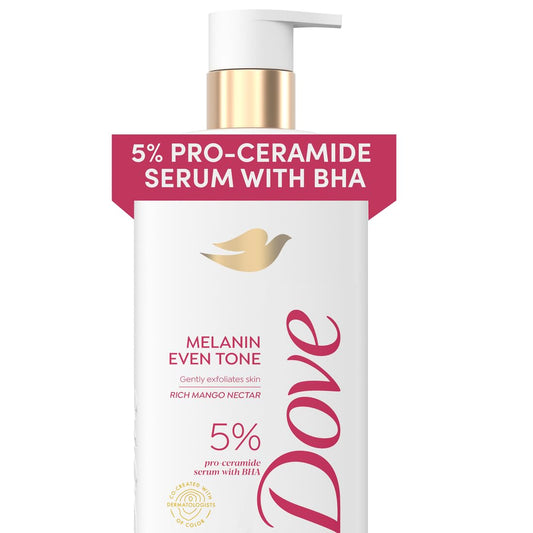 Dove body wash bottle with gold pump, 5% pro-ceramide serum with BHA