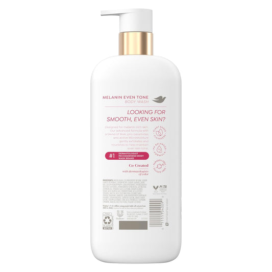 Dove body wash bottle with gold pump, back label with product information