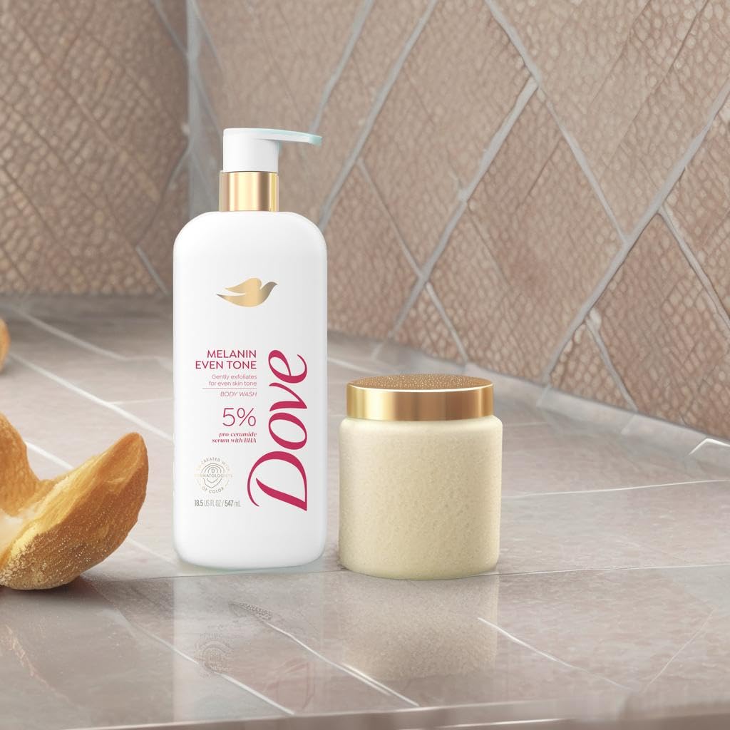 Dove Exfoliating Body Wash Melanin Even Tone Promotes Even Skin Tone 5% pro-ceramide serum with BHA 18.5 oz - Renee Lane Company