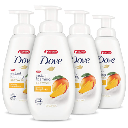 Dove mango butter instant foaming body wash bottles, four-pack with white pump caps