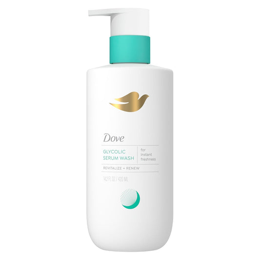 Dove glycolic serum body wash bottle, white with teal pump and cap