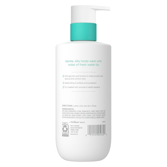 Dove glycolic serum body wash bottle, white with teal cap; back label visible