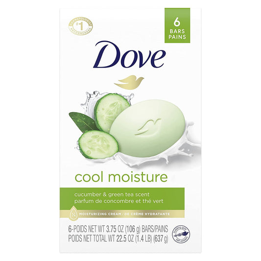 Dove Go Fresh cool moisture beauty bar 6-pack box with green soap bar graphic