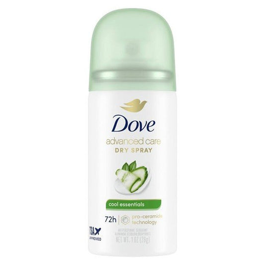 Travel-size Dove dry spray deodorant, white can with light green cap