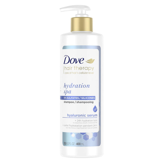 Dove hydration spa shampoo bottle with gold pump, white label, hyaluronic serum