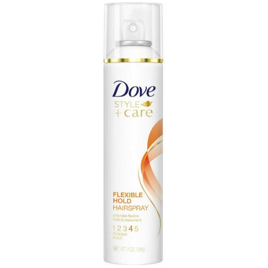 Dove StyleCare flexible hold hairspray bottle, white with gold collar, front label