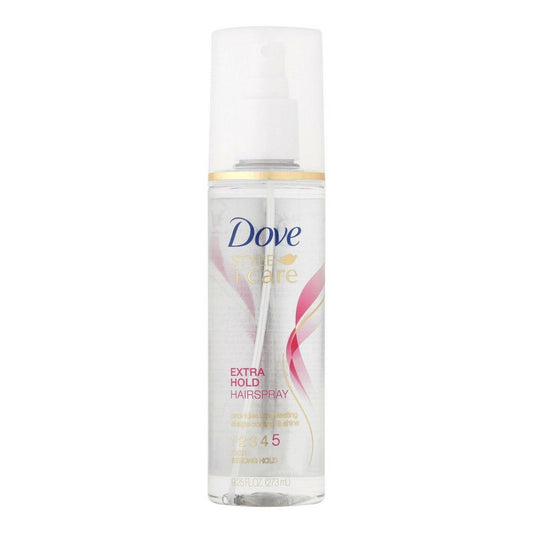 Dove non-aerosol extra hold hairspray bottle with white pump and clear nozzle