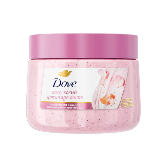 Rose-pink Dove body scrub jar with front label and pink cap
