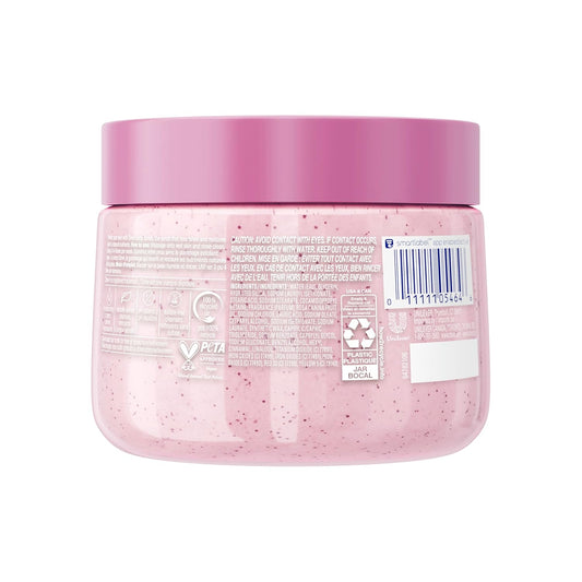 Rose-pink Dove body scrub jar back with barcode and ingredient panel