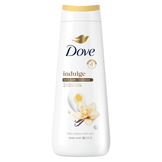 Dove Indulge body wash bottle with gold cap and vanilla sweet cream graphics