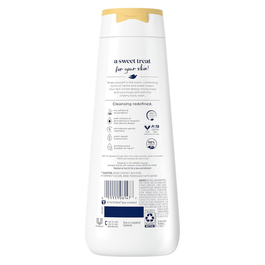 Dove Indulge body wash bottle back panel with ingredients and barcode details