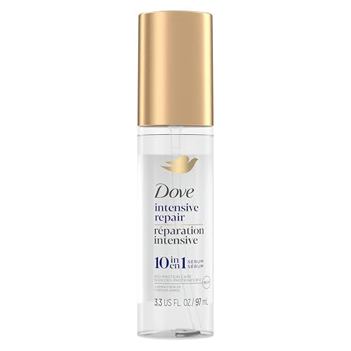 Hair repair serum bottle with gold cap; clear body and Dove Intensive Repair label