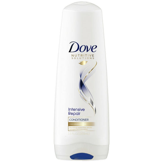 White Dove Intensive Repair conditioner bottle with blue cap and gold ribbon graphic