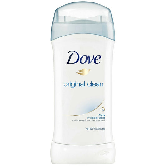 Dove Original Clean solid deodorant stick with clear blue cap and white base