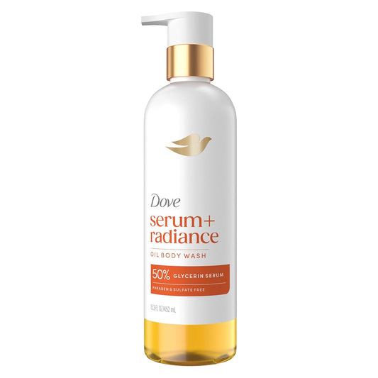 Body wash bottle with gold pump, white bottle and amber serum liquid