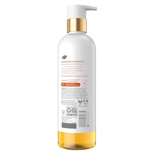 Body wash bottle back label, gold pump, white bottle and amber serum liquid