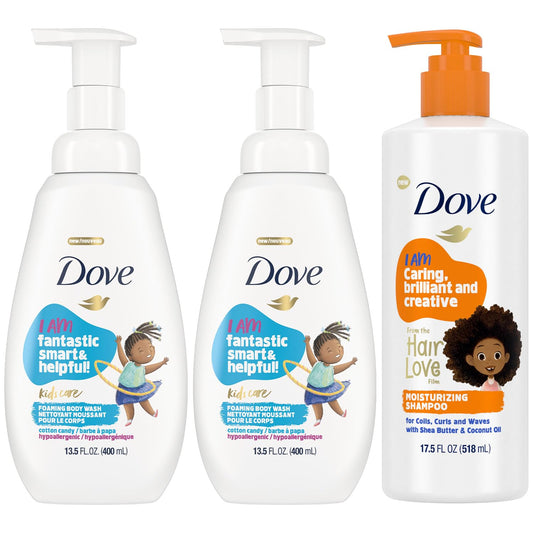 Dove kids body wash bottles and moisturizing shampoo bottle, three pump containers shown