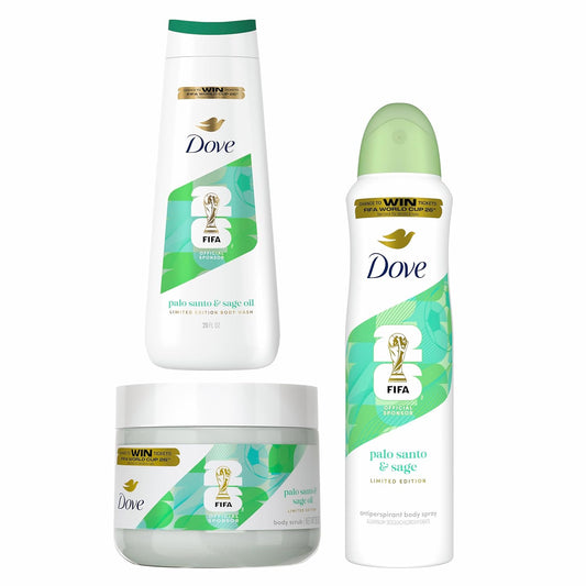 Dove FIFA palo santo & sage oil limited edition bottle and body scrub jar