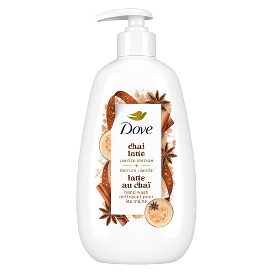 Liquid hand wash pump bottle with white container and Dove chai latte limited edition label