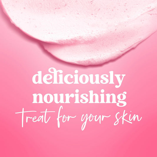 Promotional text card reading “deliciously nourishing” with “treat for your skin”
